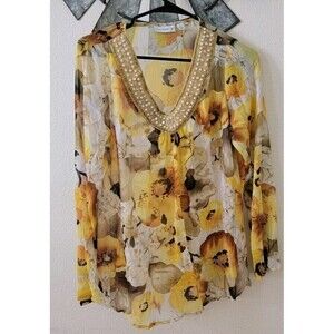 Susan Graver Womens Yellow floral Business Pearl Blouse Size XS.